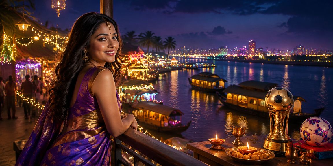 Kerala backwaters illuminated during Diwali festival with football betting theme