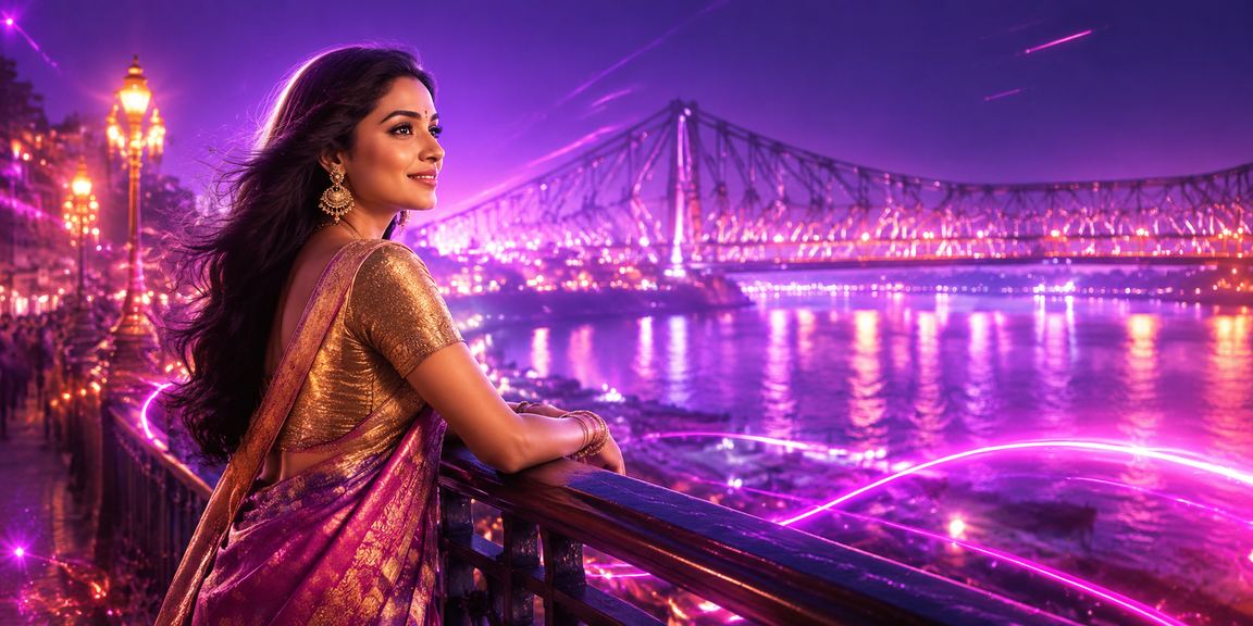 Neon lit Howrah Bridge in Kolkata representing vibrant Indian entertainment and lottery scene
